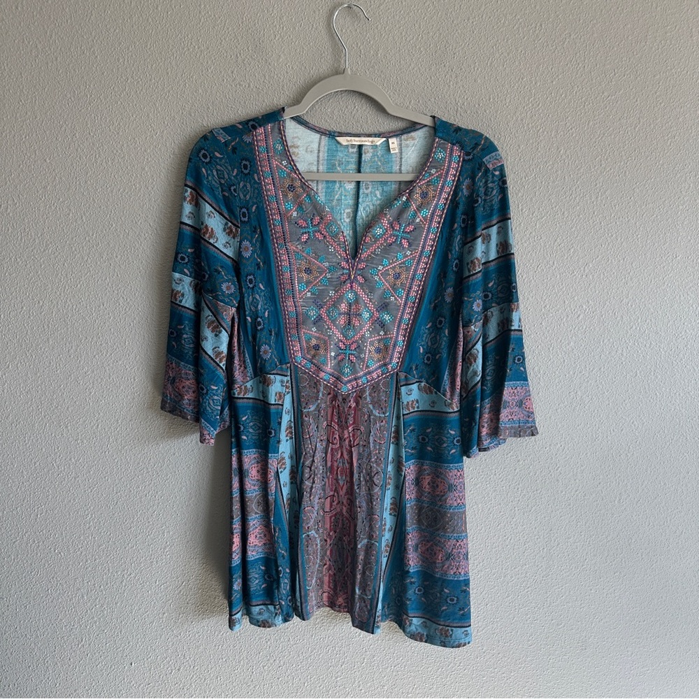 Soft Surroundings Teal and Pink Embroidered Tunic XS